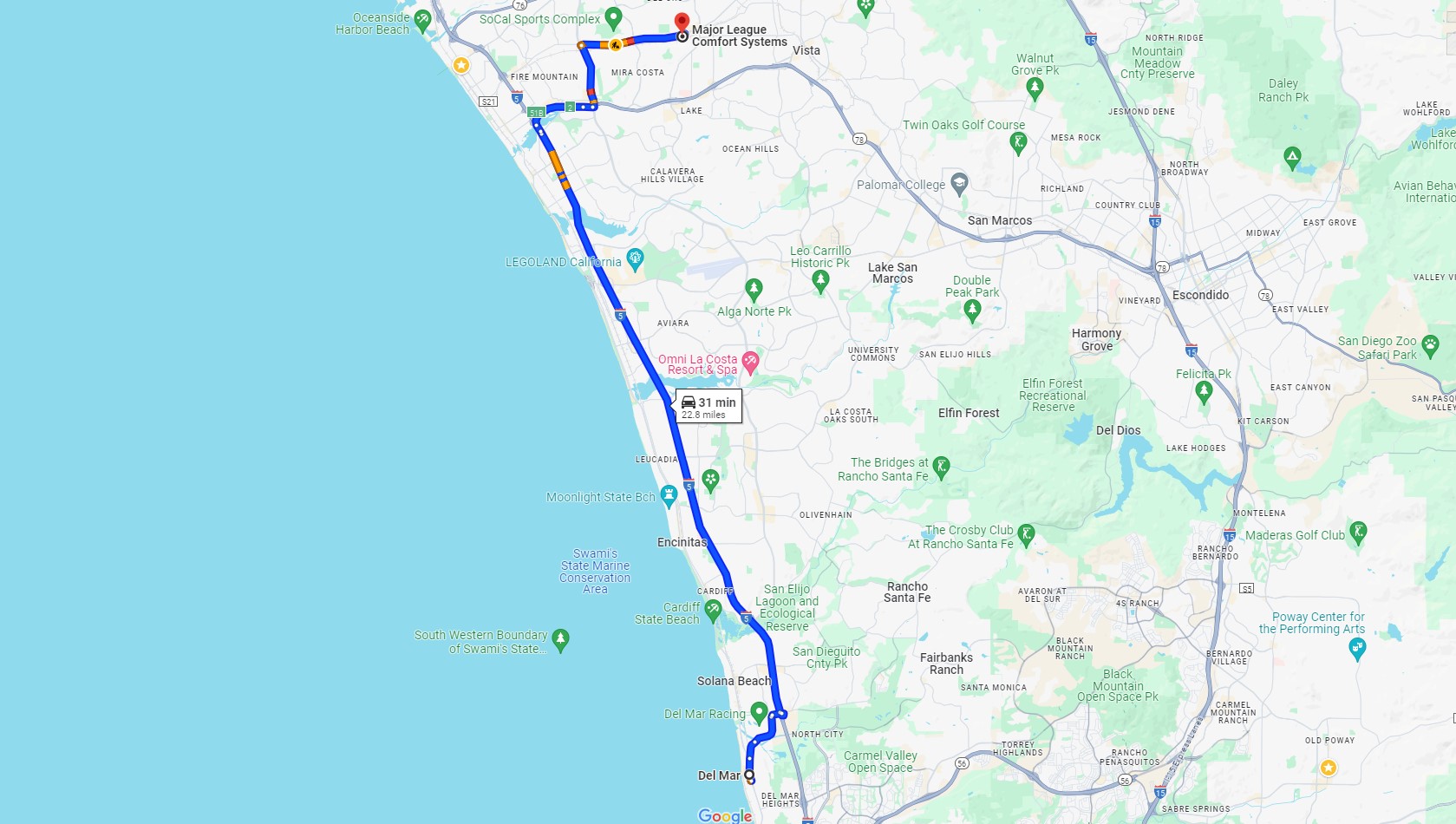 Directions from Del Mar CA to Major League Comfort Systems Heating and Air