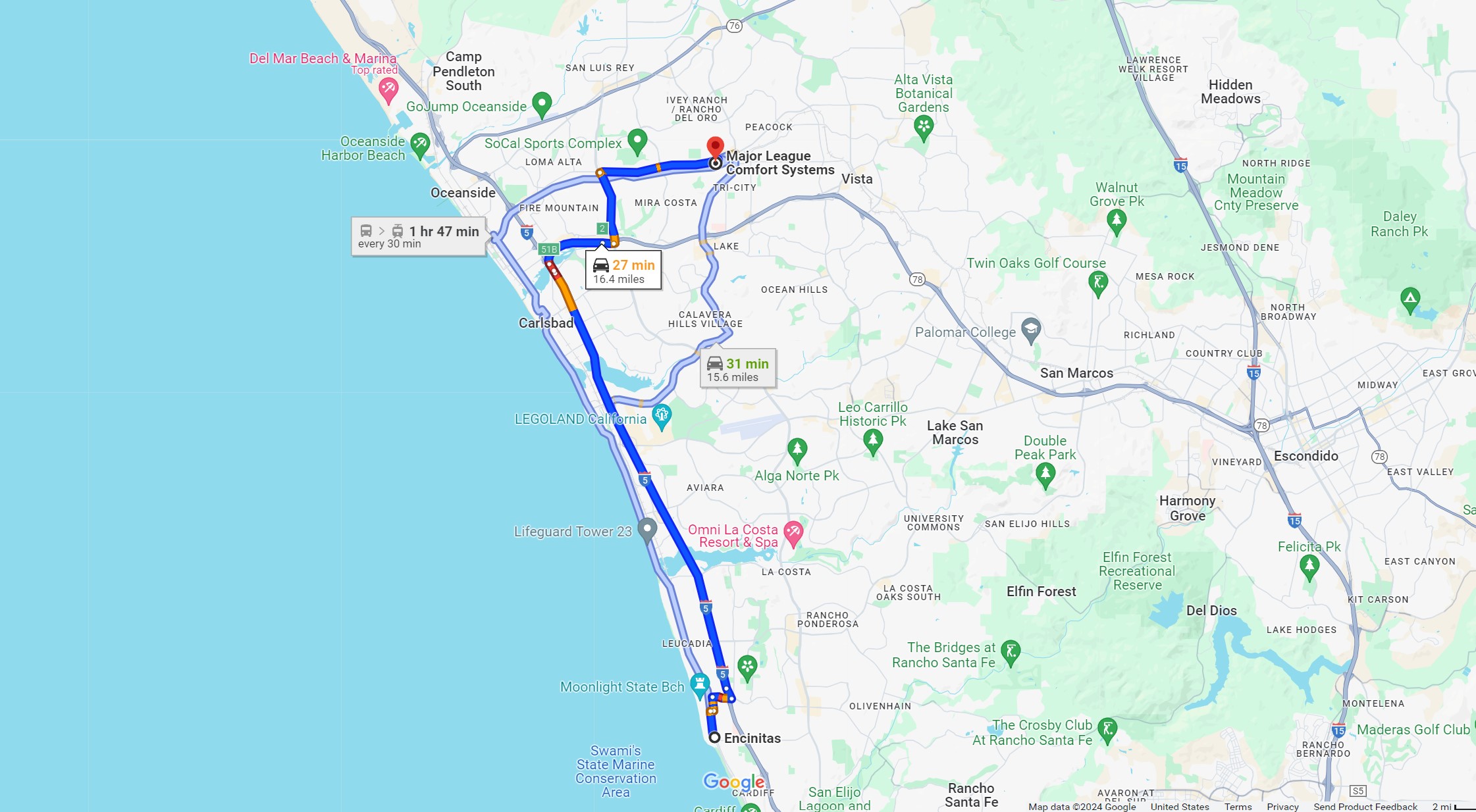 Directions from Encinitas CA to Major League Comfort Systems Heating and Air