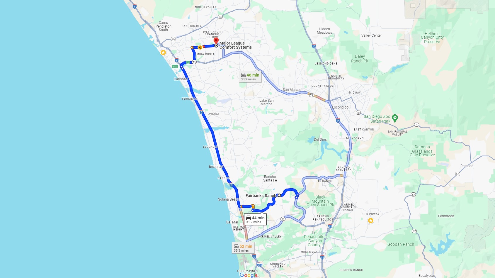 Directions from Fairbanks Ranch CA to Major League Comfort Systems Heating and Air