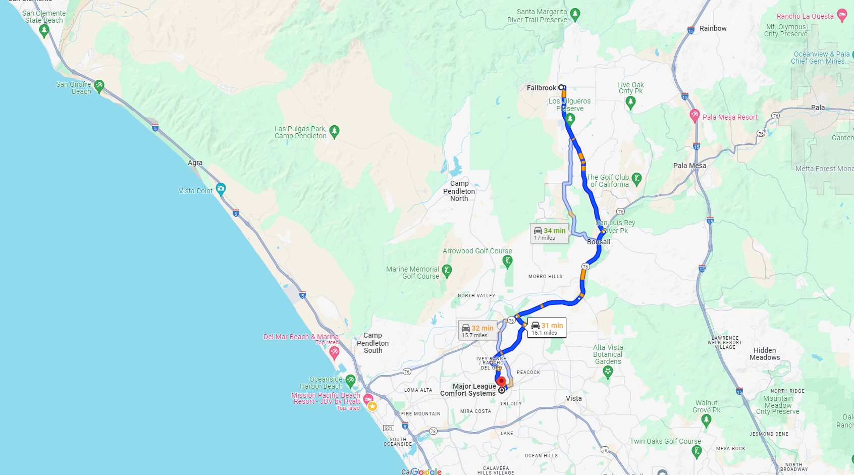 Directions from Fallbrook CA to Major League Comfort Systems Heating and Air