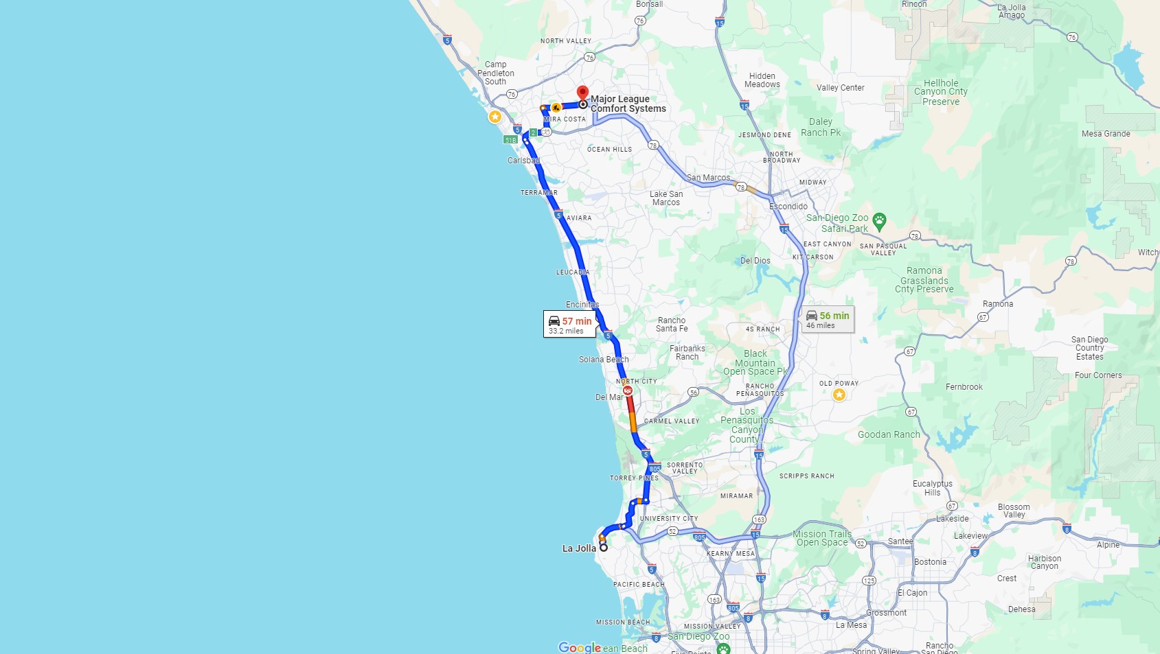 Directions from La Jolla CA to Major League Comfort Systems Heating and Air