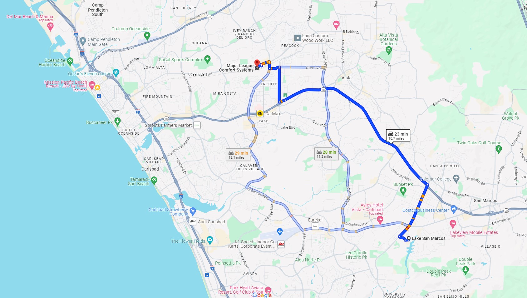 Directions from Lake San Marcos CA to Major League Comfort Systems Heating and Air