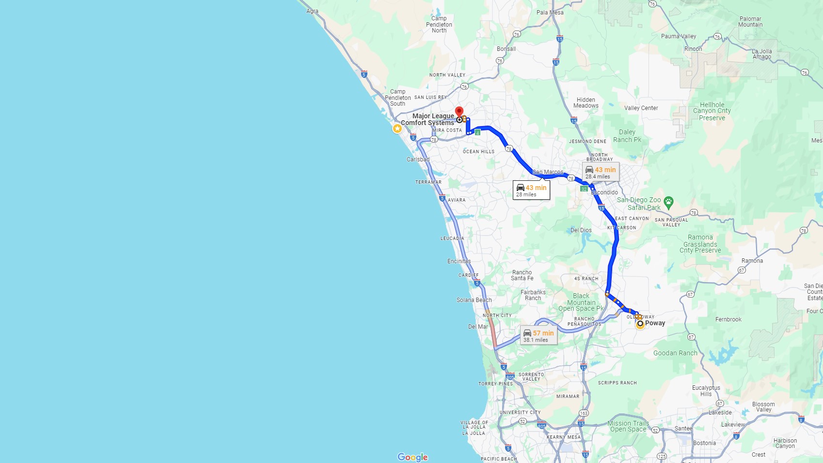 Directions from Poway CA to Major League Comfort Systems Heating and Air