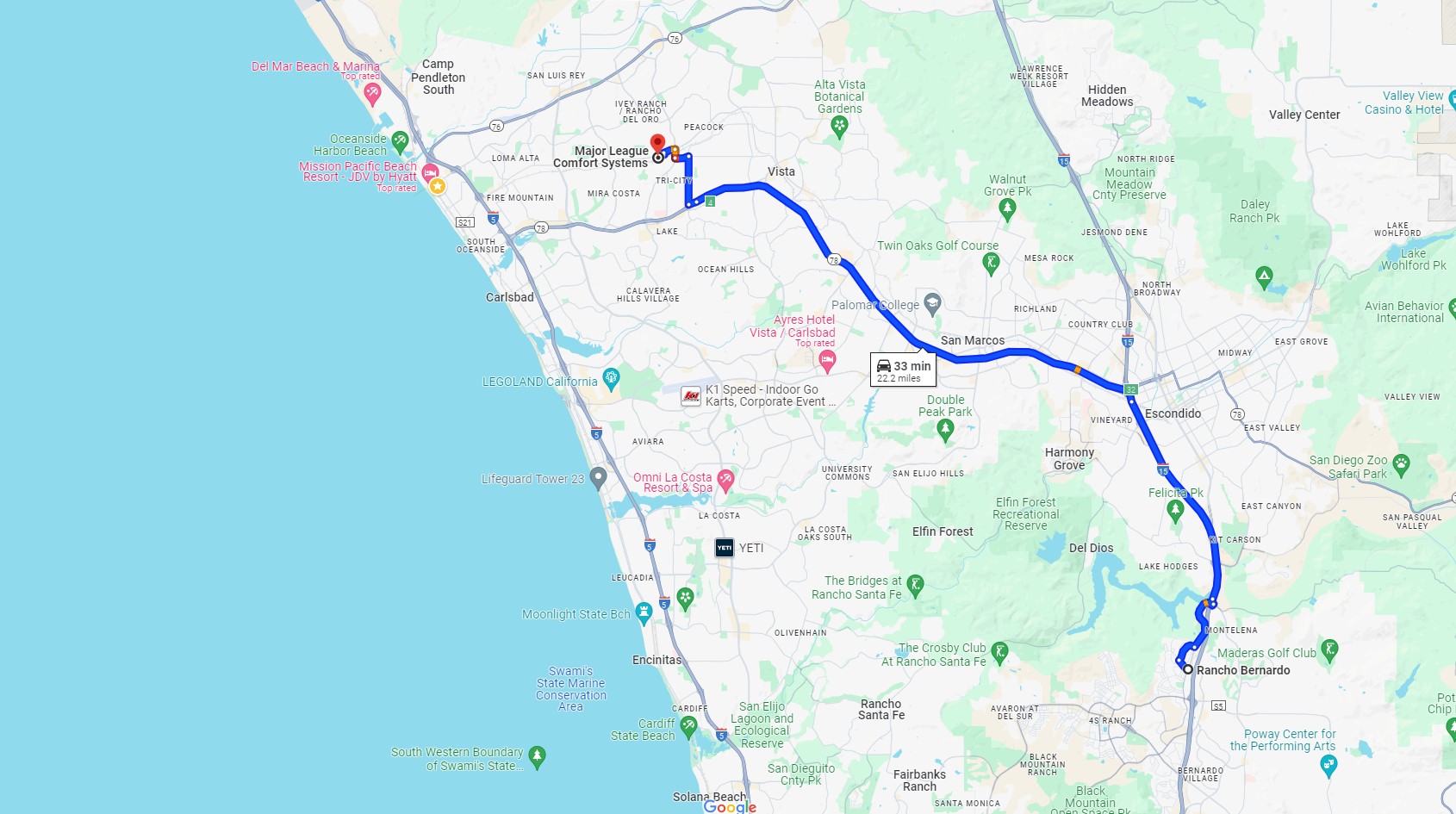 Directions from Rancho Bernardo CA to Major League Comfort Systems Heating and Air