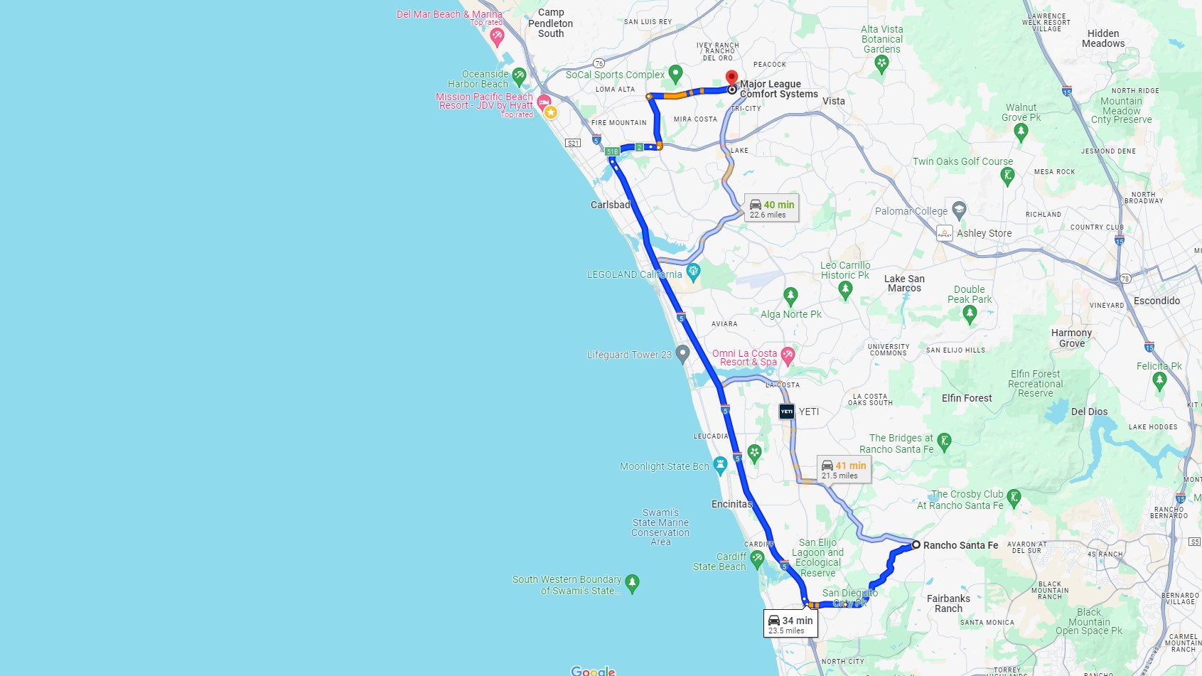 Directions from Rancho Santa Fe CA to Major League Comfort Systems Heating and Air