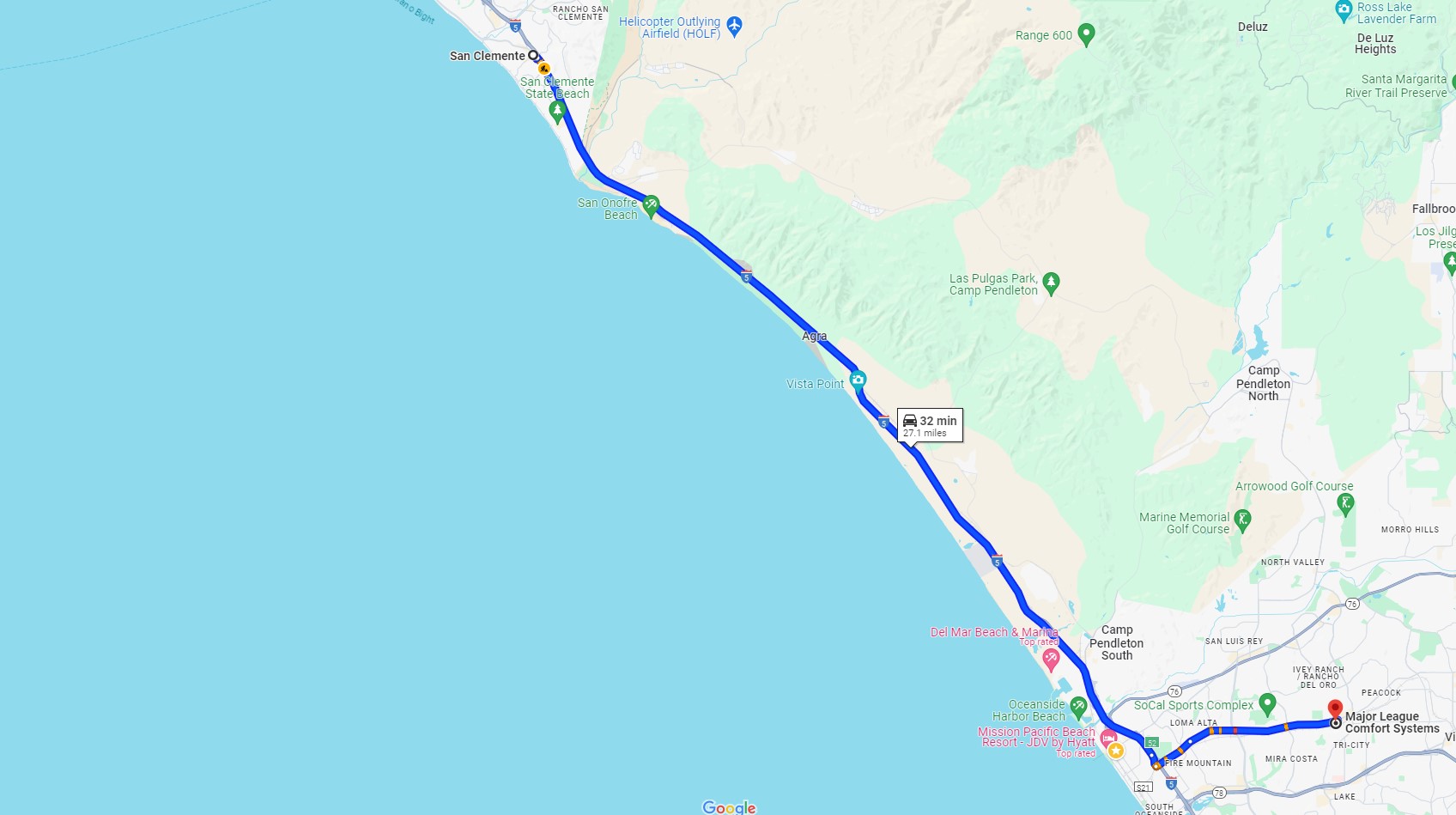 Directions from San Clemente CA to Major League Comfort Systems Heating and Air