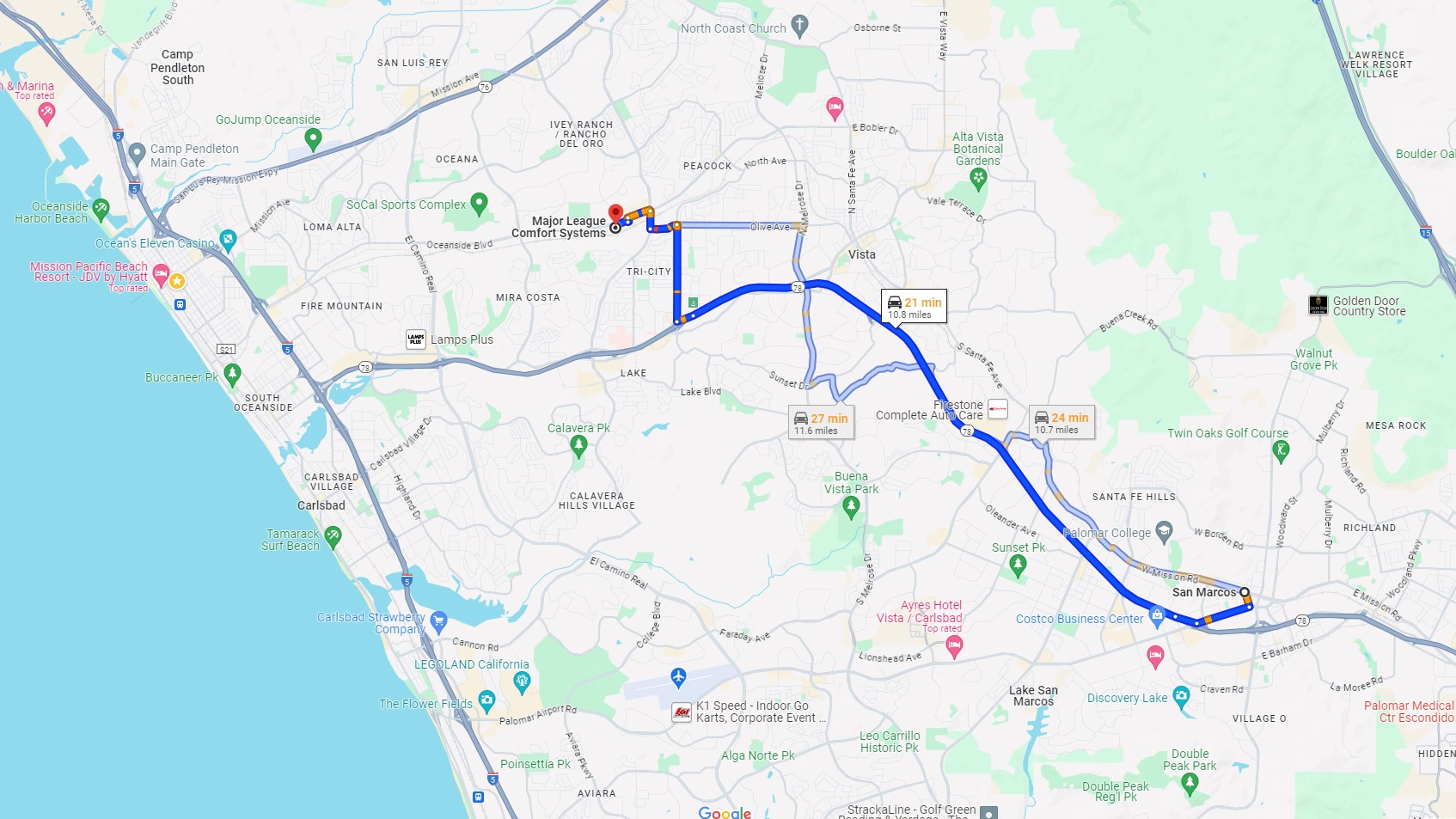 Directions from San Marcos CA to Major League Comfort Systems Heating and Air