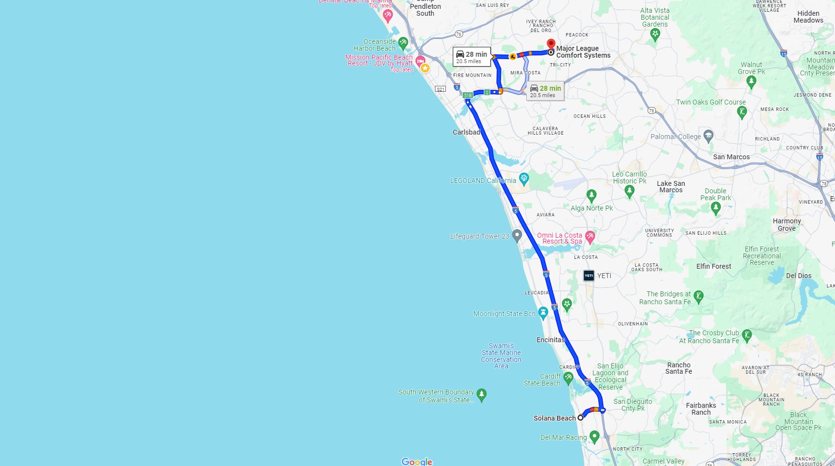 Directions from Solana Beach CA to Major League Comfort Systems Heating and Air