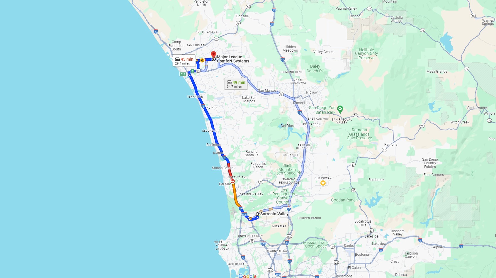 Directions from Sorrento Valley CA to Major League Comfort Systems Heating and Air