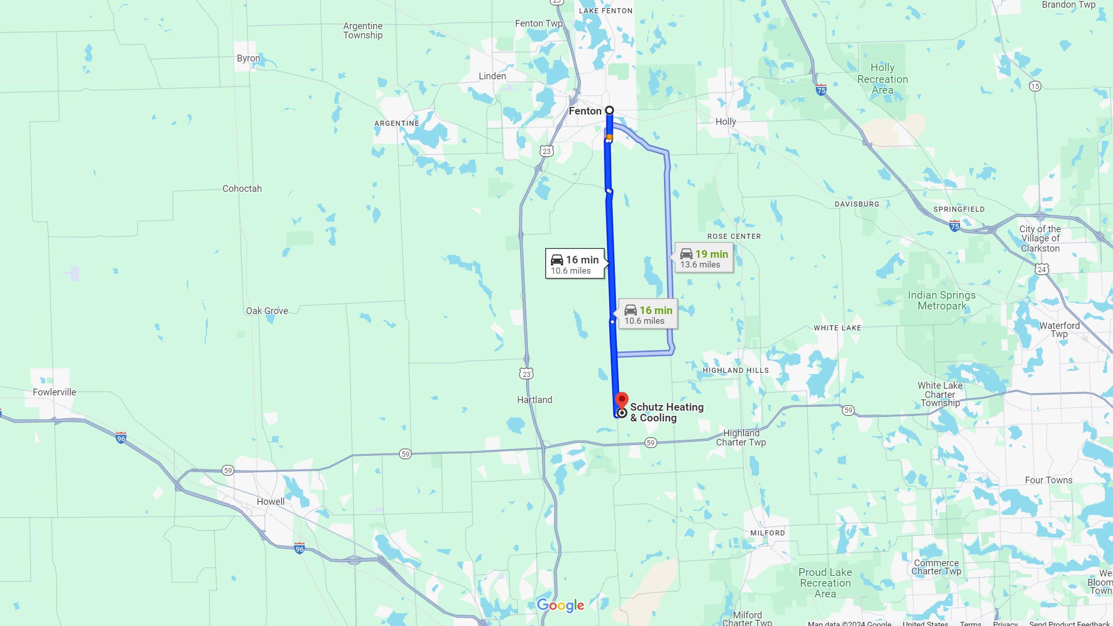 Directions: Fenton MI to Schutz Heating & Cooling