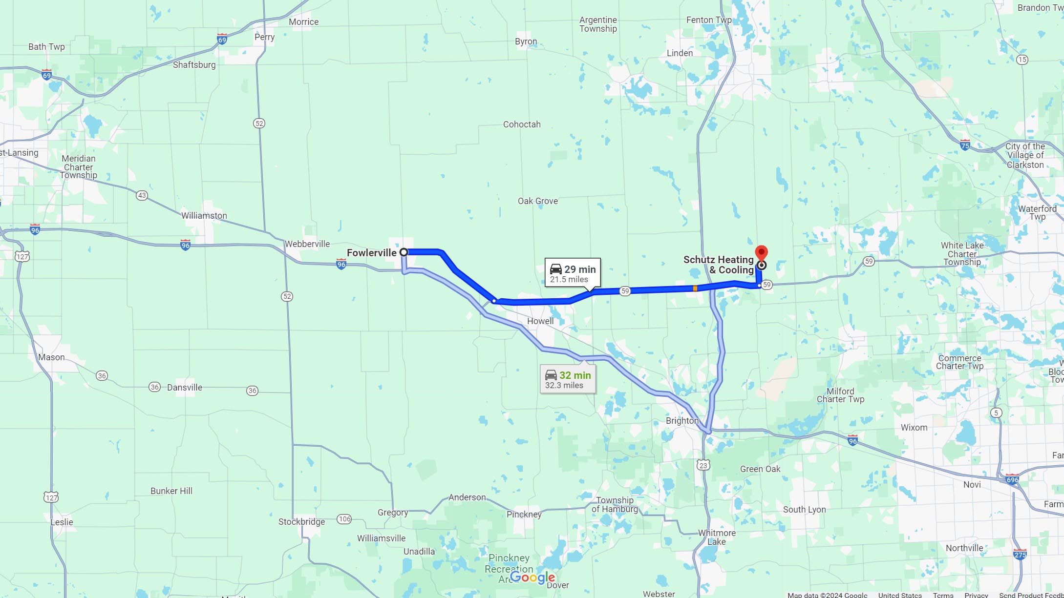 Directions: Fowlerville MI to Schutz Heating & Cooling