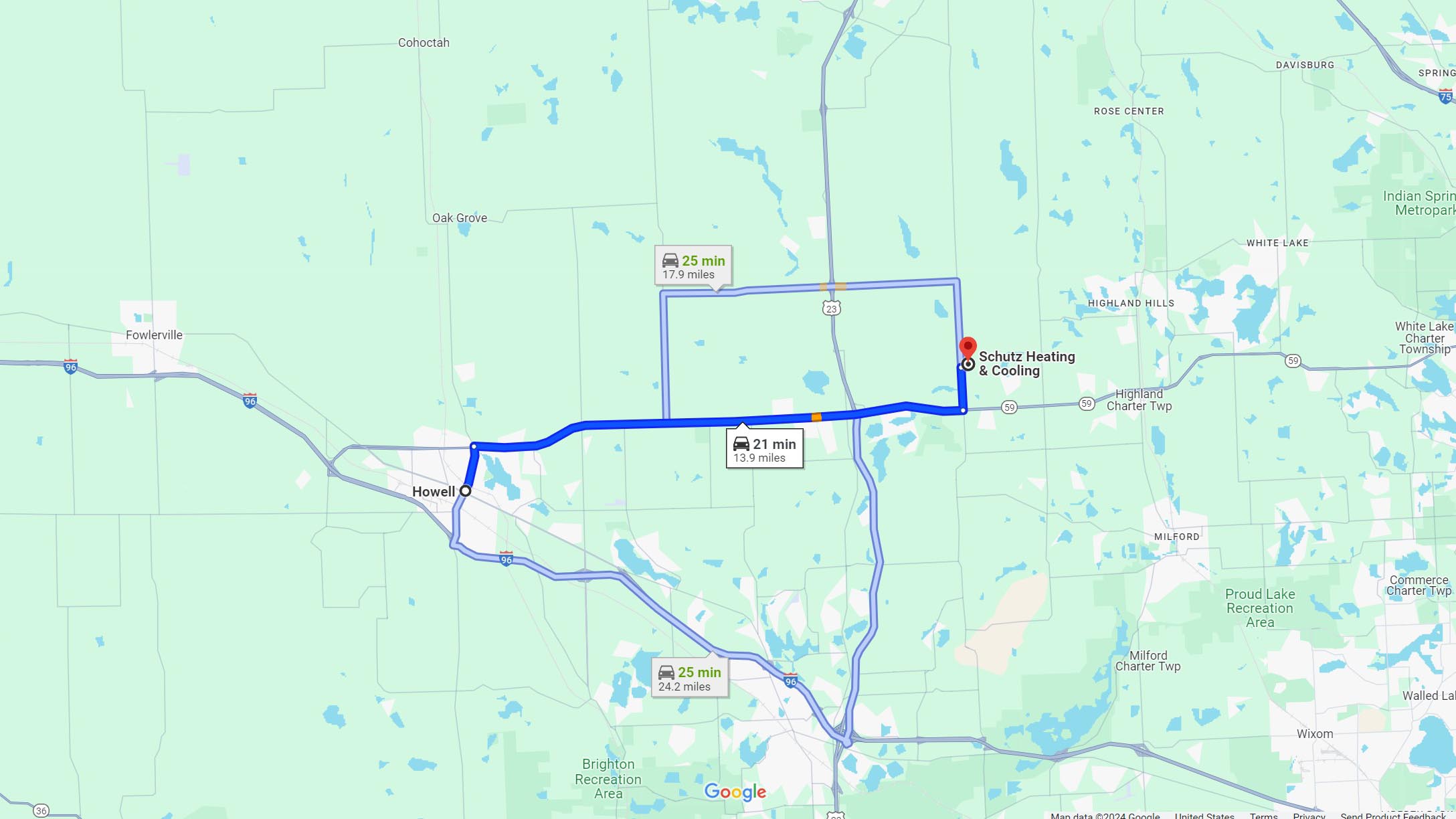 Directions: Howell MI to Schutz Heating & Cooling