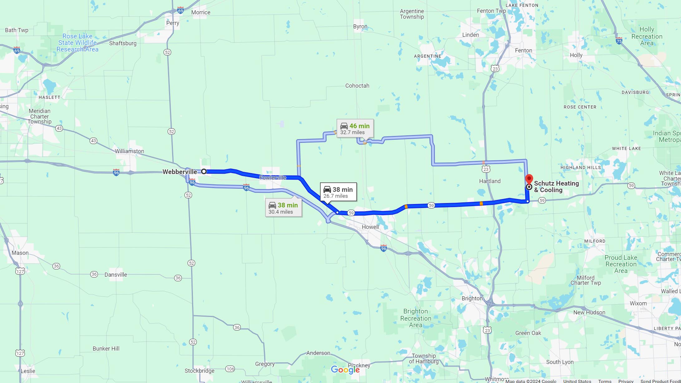 Directions: Webberville MI to Schutz Heating & Cooling