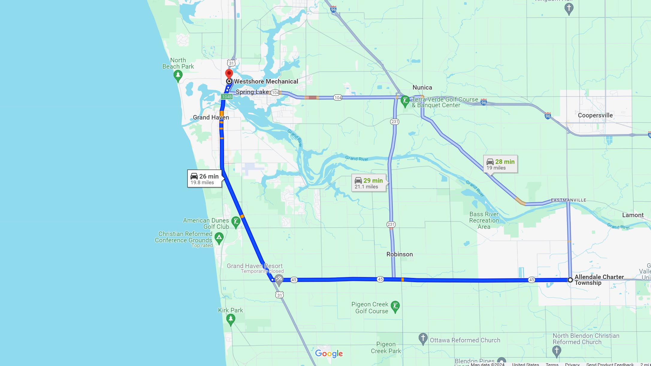 Directions: Allendale MI to Westshore Mechanical