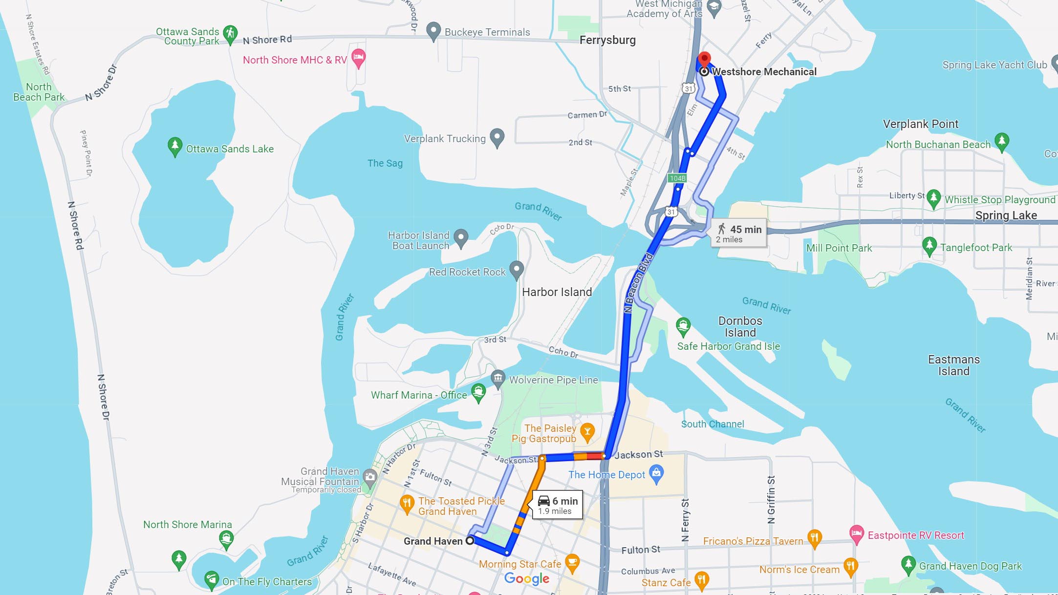Directions: Grand Haven MI to Westshore Mechanical