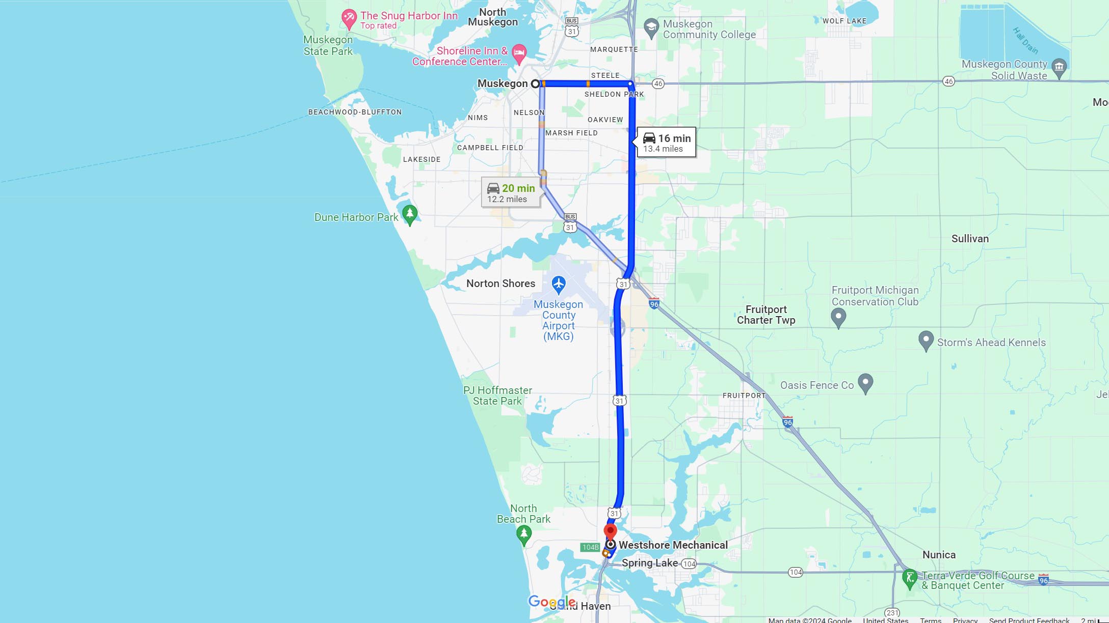 Directions: Muskegon MI to Westshore Mechanical