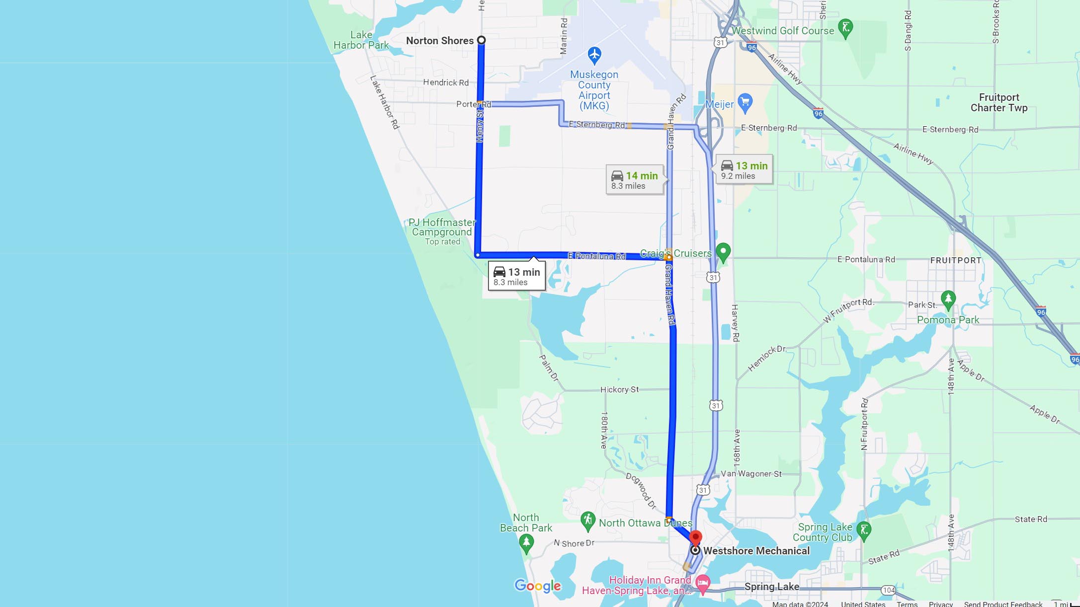 Directions: Norton Shores MI to Westshore Mechanical