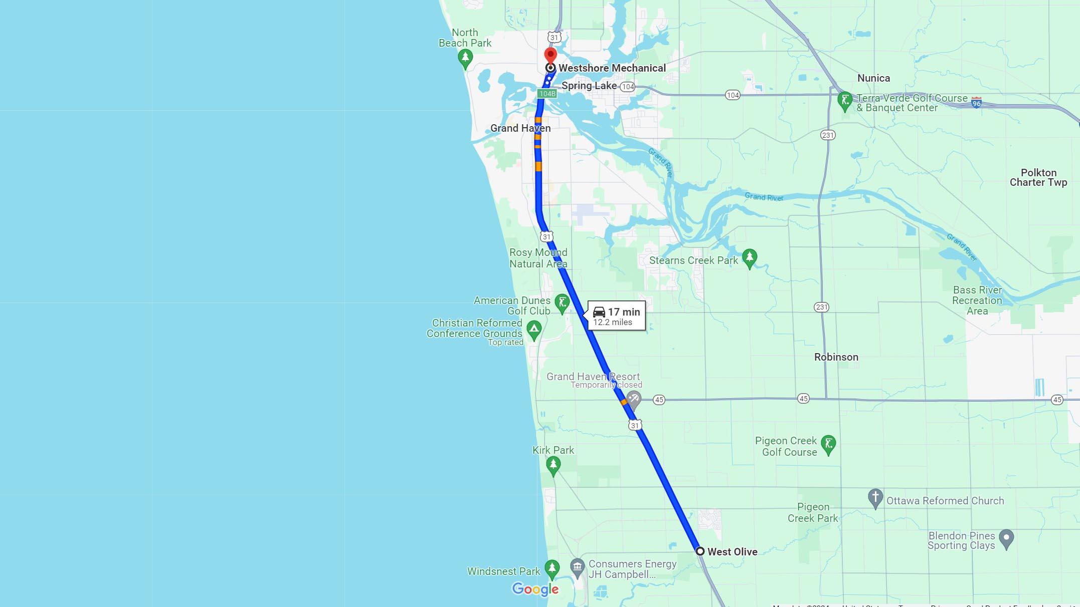 Directions: West Olive MI to Westshore Mechanical