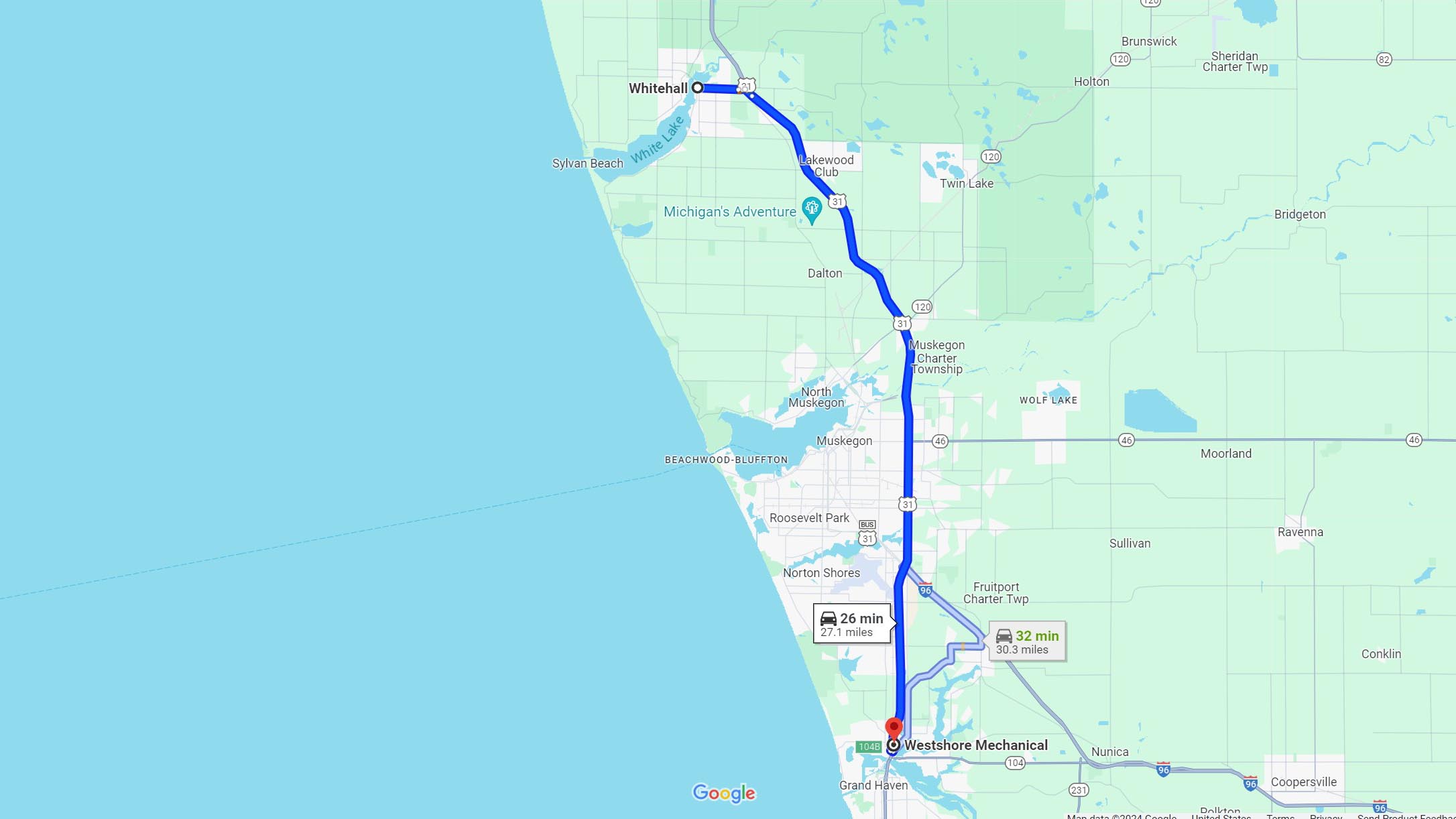 Directions: Whitehall MI to Westshore Mechanical