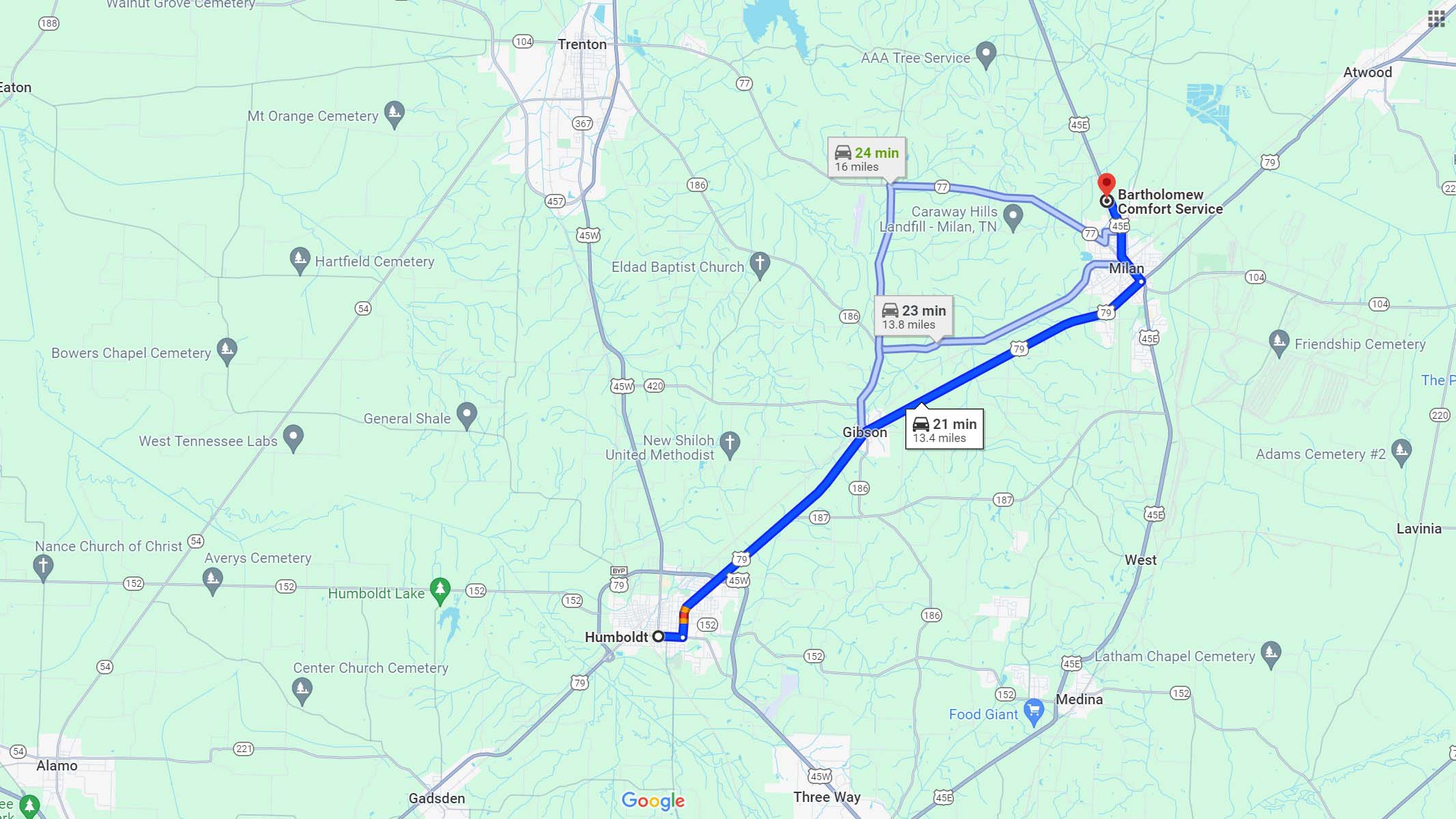 map of directions from humboldt to Bartholomew Comfort Service