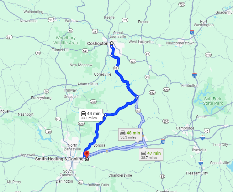 Directions From Smith Heating And Cooling to Coshocton, OH