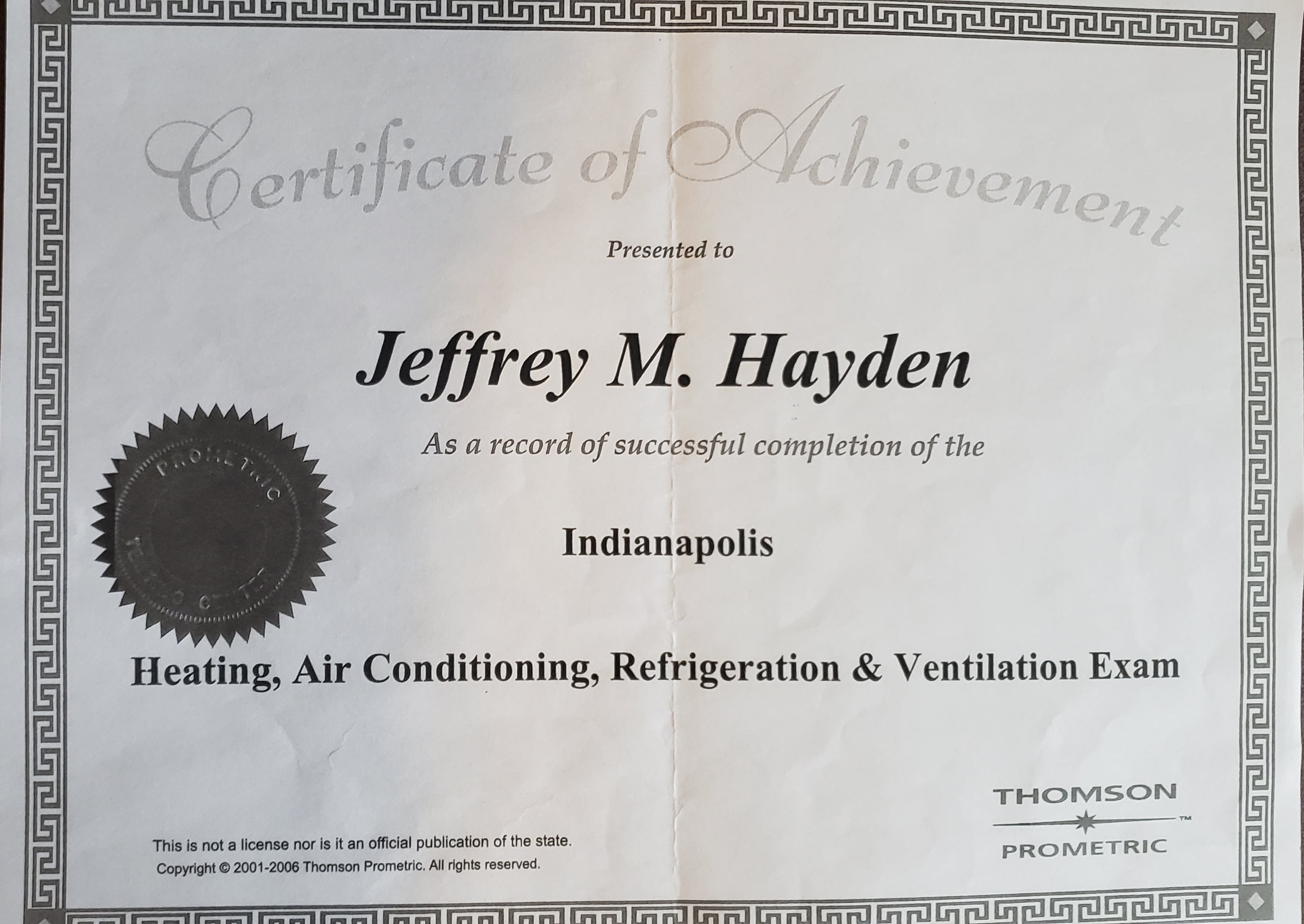 Indianapolis Heating, Air Conditioning, Refrigeration & Ventilation Certificate of Achievement Recipient