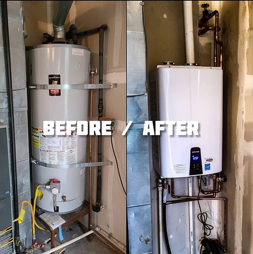 Before and after a tankless water heating unit installation by A Quality Plumber