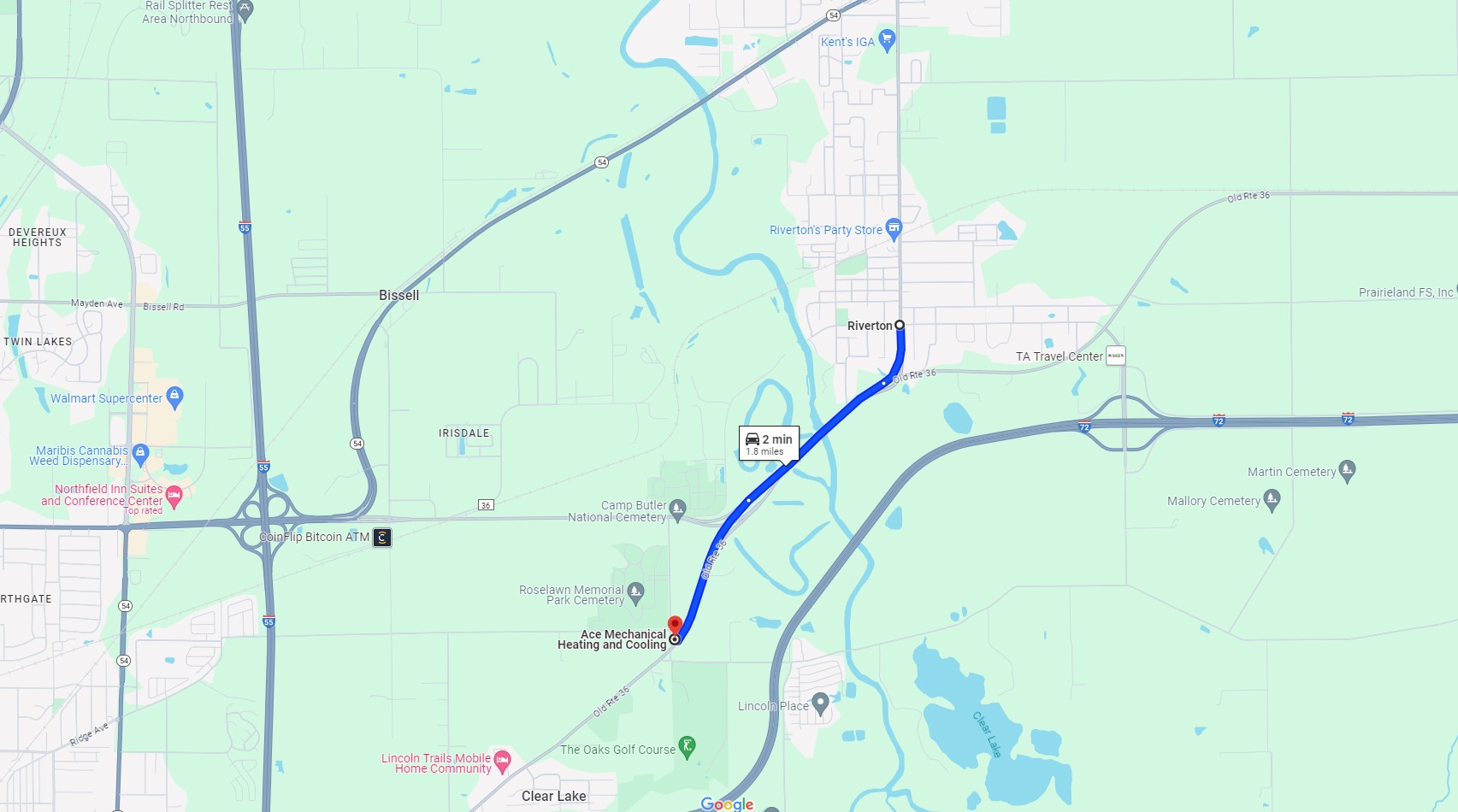 Map Directions from Riverton IL to Ace Mechanical Plumbing Heating and Cooling