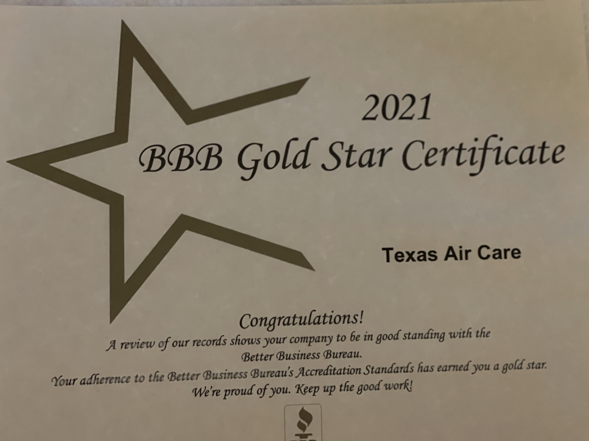 BBB Gold Star Certificate