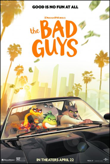 a flyer of cartoon characters in a car titled the bad guys