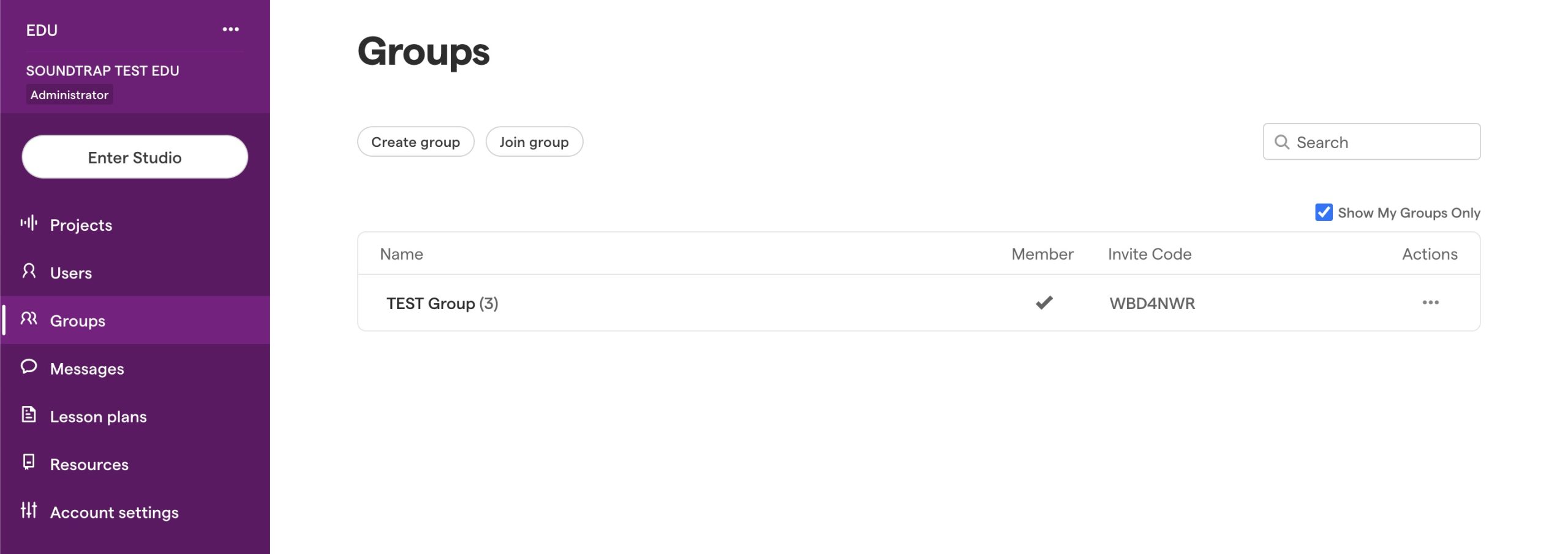 A screenshot of Soundtrap's Groups tab with a Test Group that has been created. There are two buttons at the top that read "Create Group" and "Join Group."