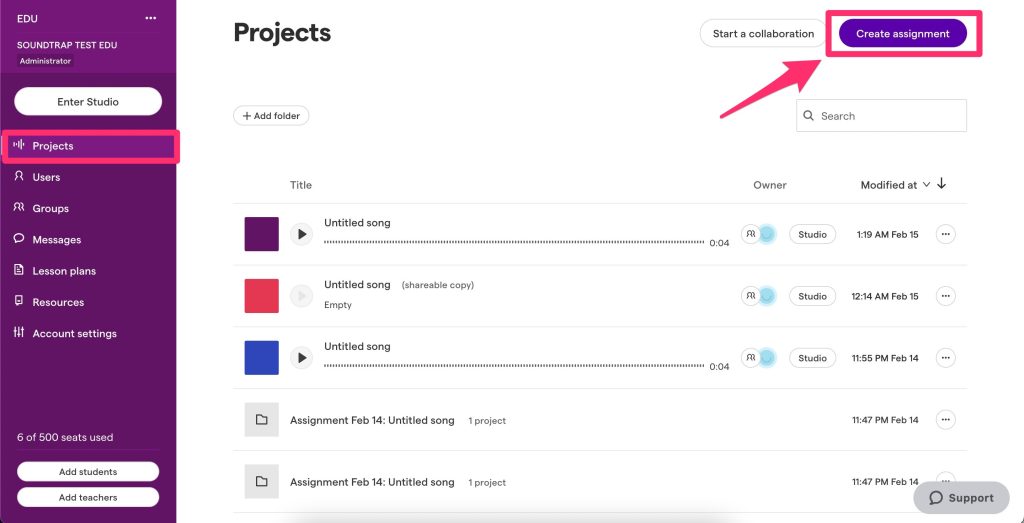 A screenshot of the Soundtrap Projects page. At the top right corner is an arrow pointing to the purple button labeled Create Assignment.