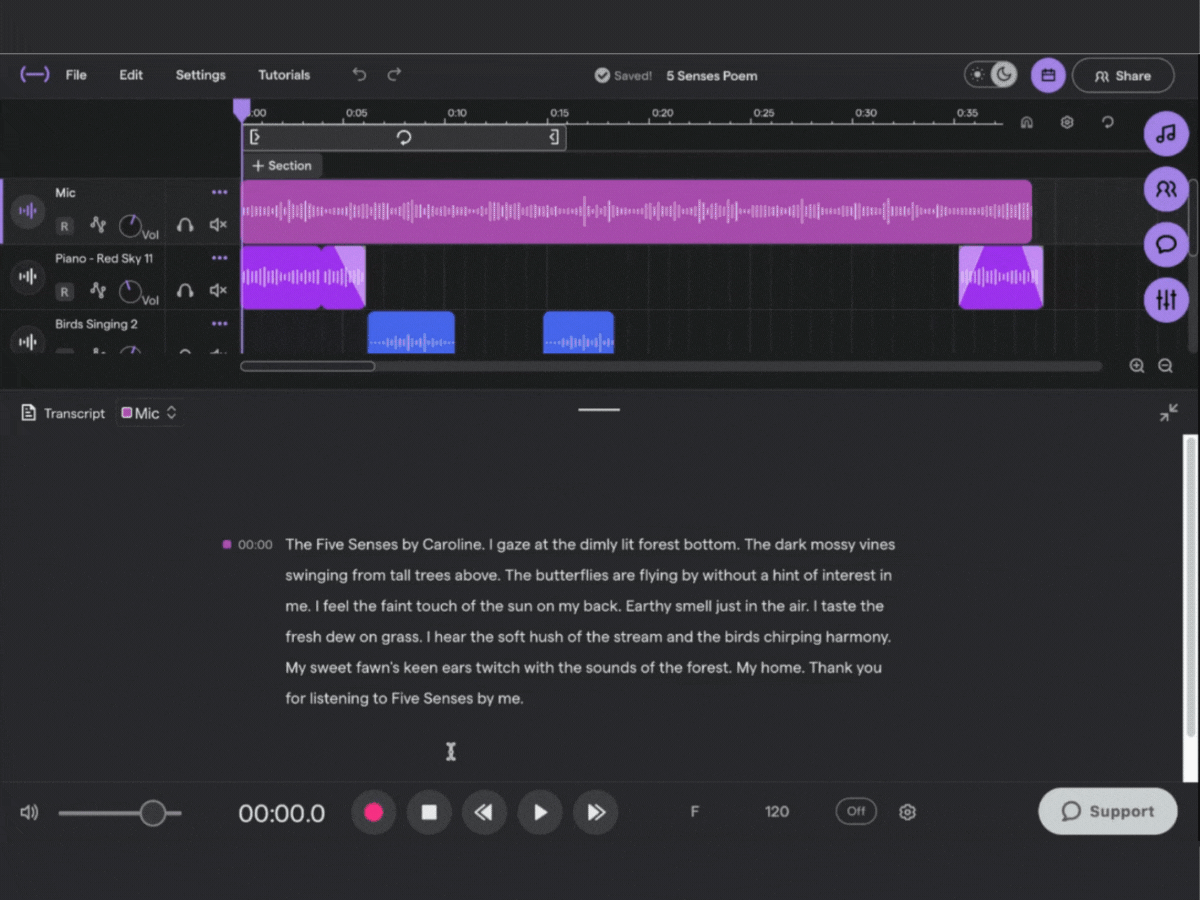 A gif of a student's poetry project with transcription playing in the Soundtrap studio.