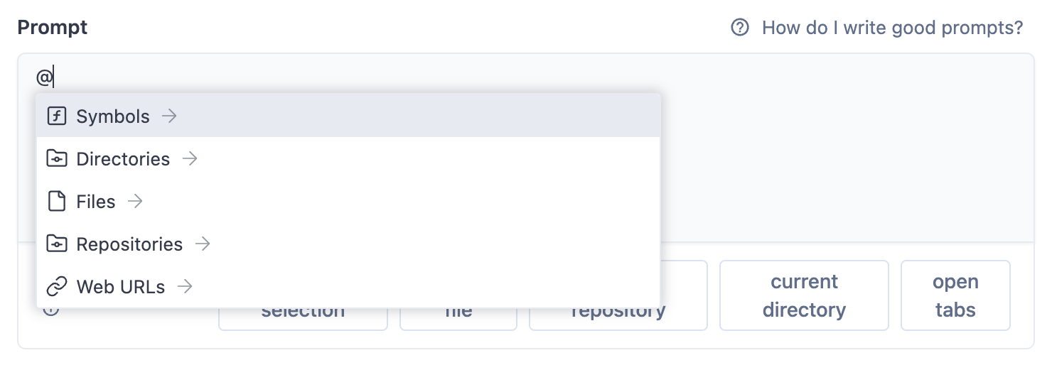 A dropdown appears after typing `@` in the prompt editor.