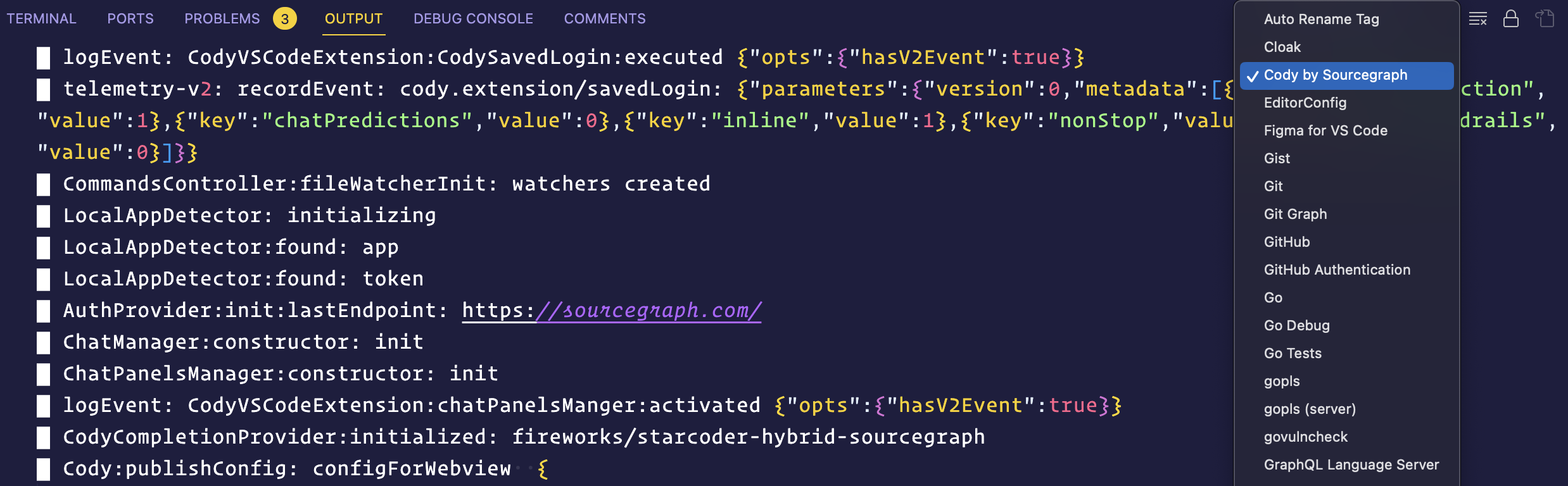 View Cody's autocomplete logs from the Output View in VS Code