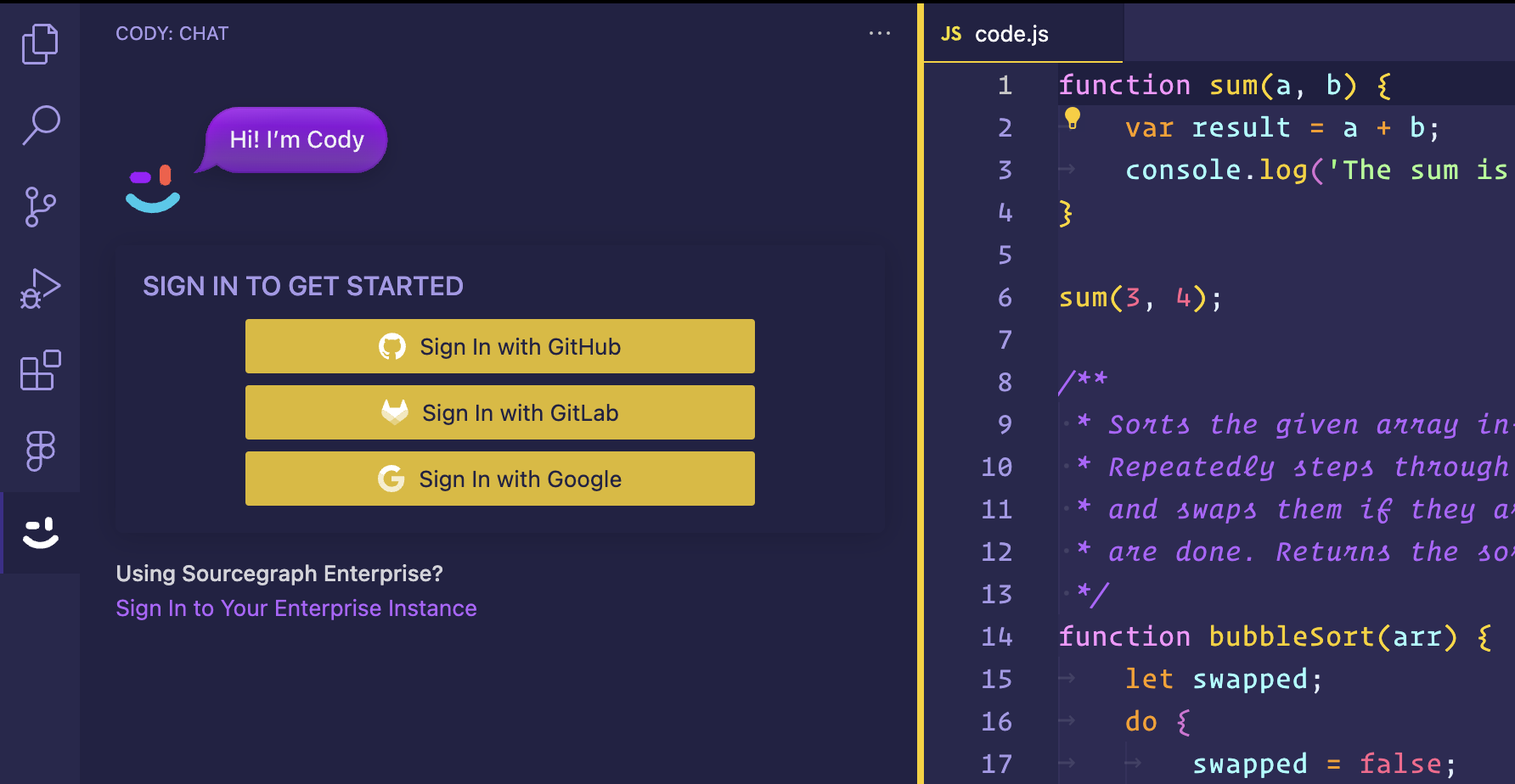 Cody for VS Code sign in flow