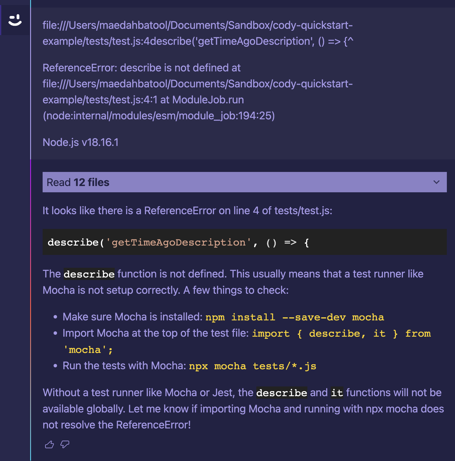 Example of error debugging with Cody 