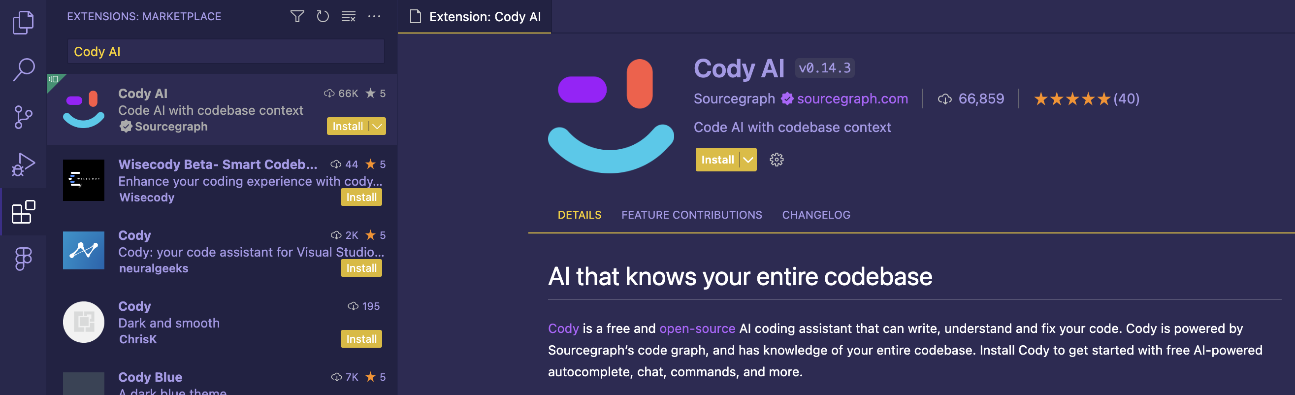 Screenshot of Cody for VS Code marketplace install page