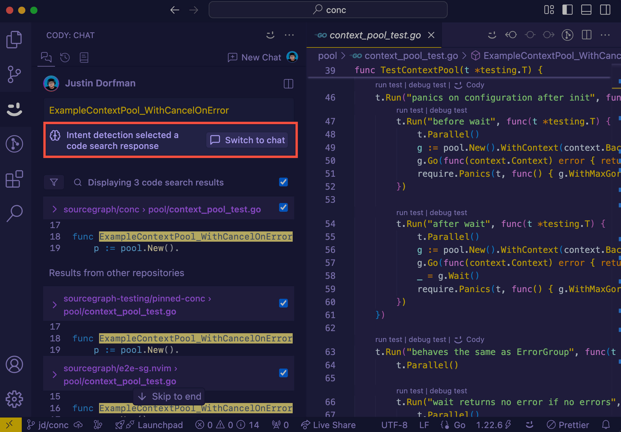 Intent detection code search response
