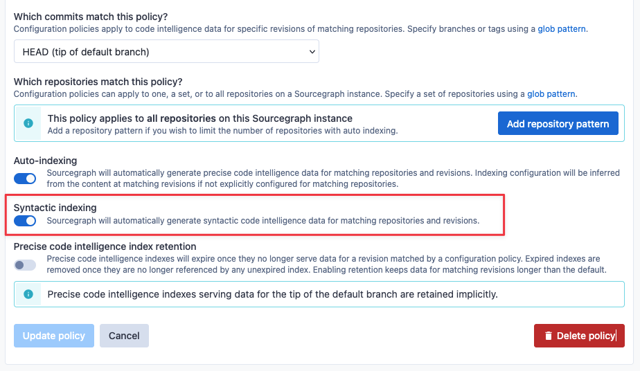 Screenshot of sourcegraph interface demonstrating Syntactic indexing toggle enabled for a code graph policy