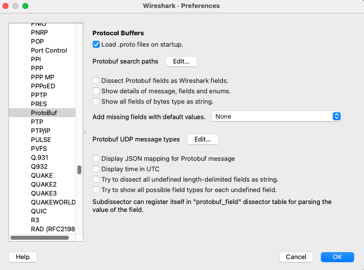 Screenshot of Preferences > Protocols > ProtoBuf