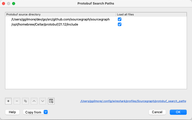 Screenshot of @ggilmore's Protobuf search paths pane