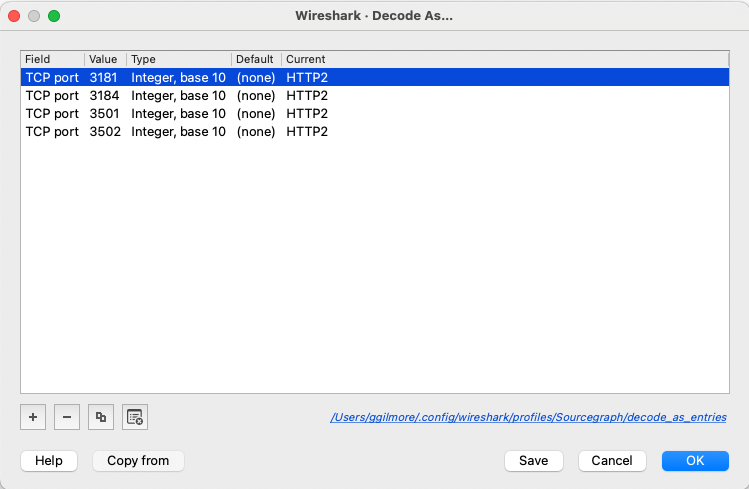 example entry for "Decode As" settings (using default values for symbols, searcher, and gitserver