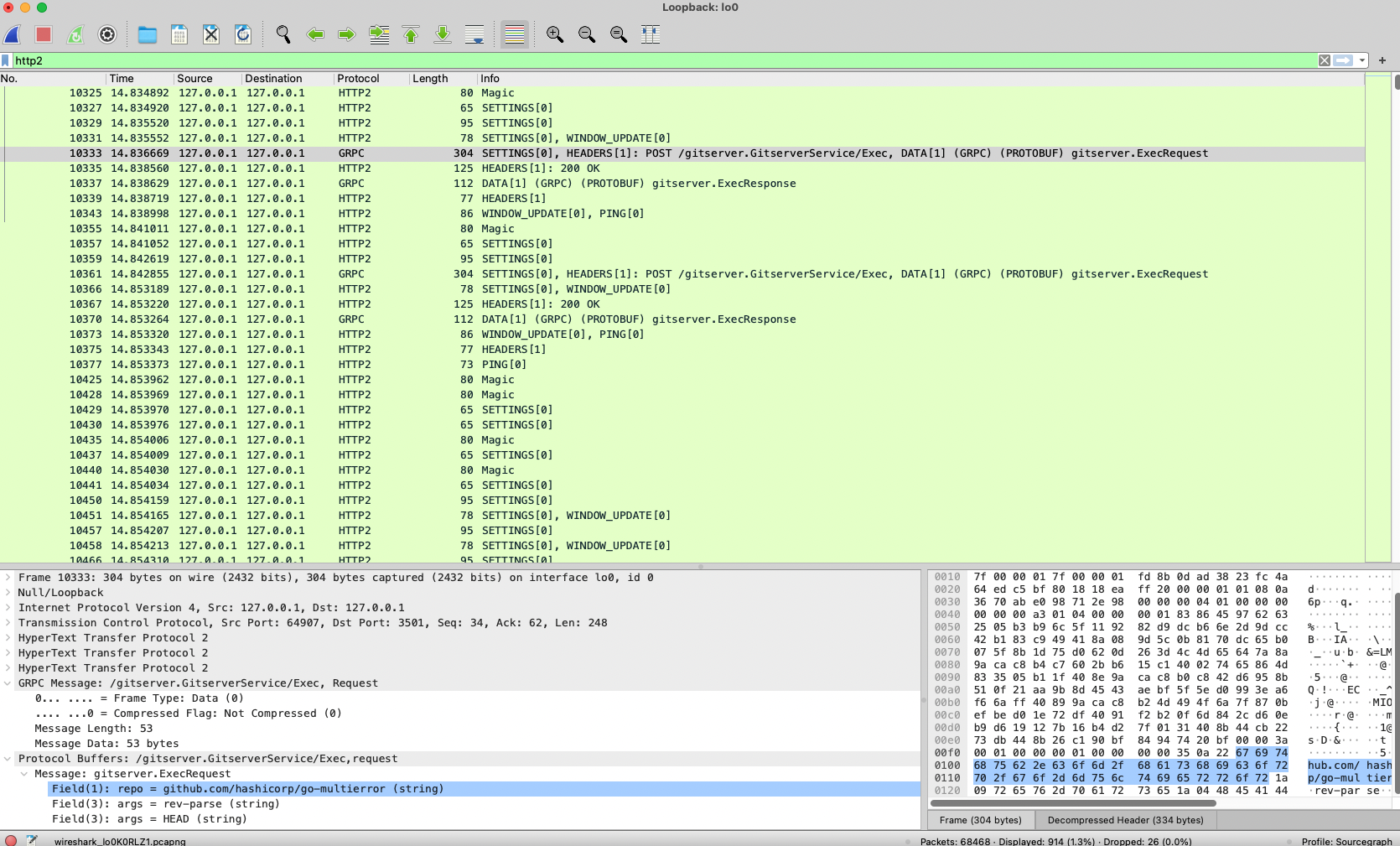 example gRPC communcation using http2 filter in Wireshark