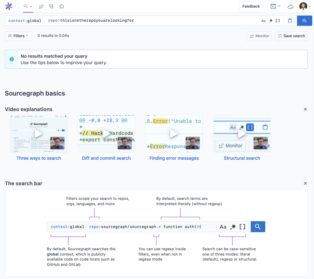 This image shows the new no results page, with resources available to troubleshoot your search when no results are returned.