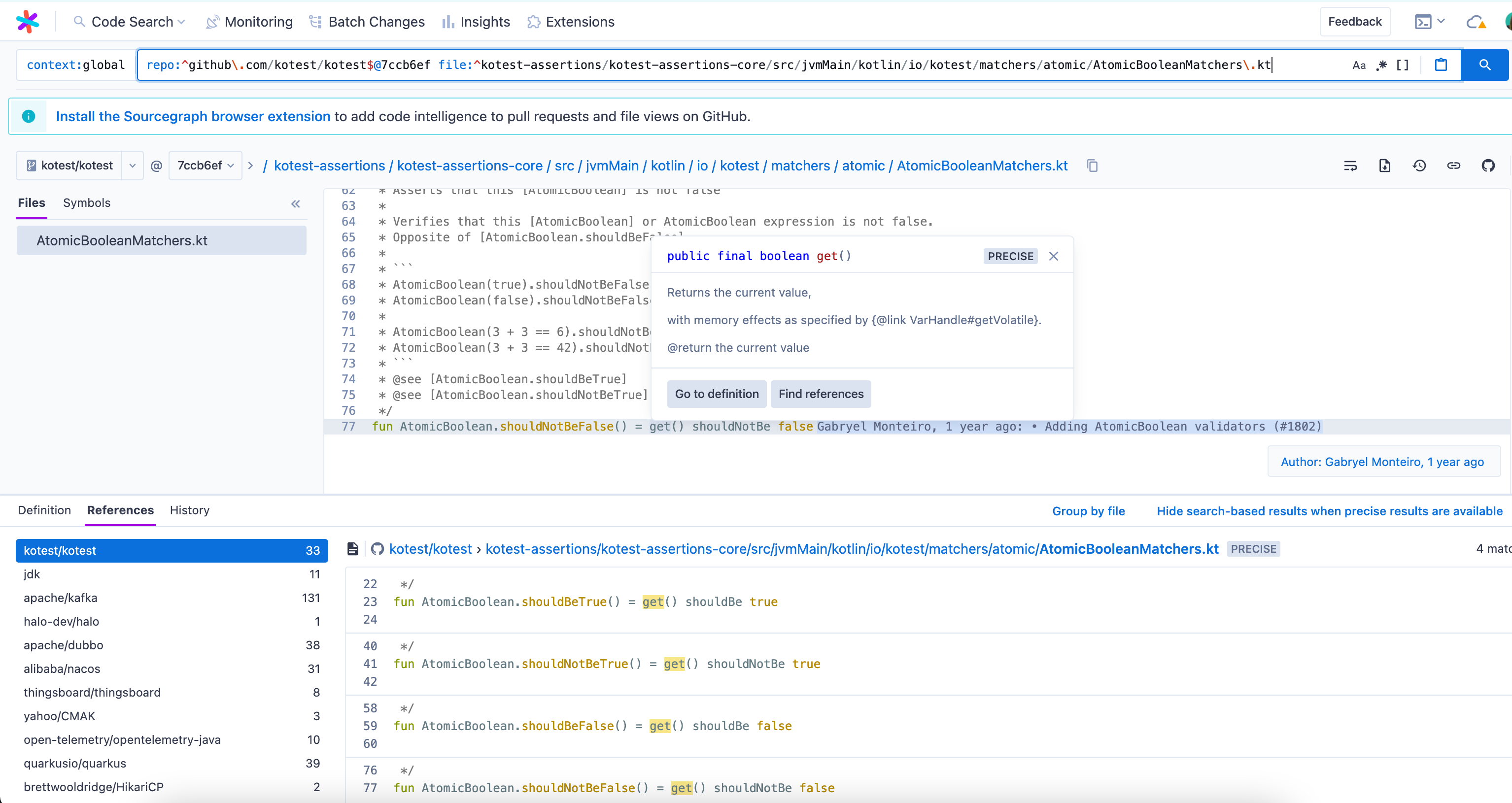 An example of the find references feature being used in a Kotlin source file and returning examples in Scala.