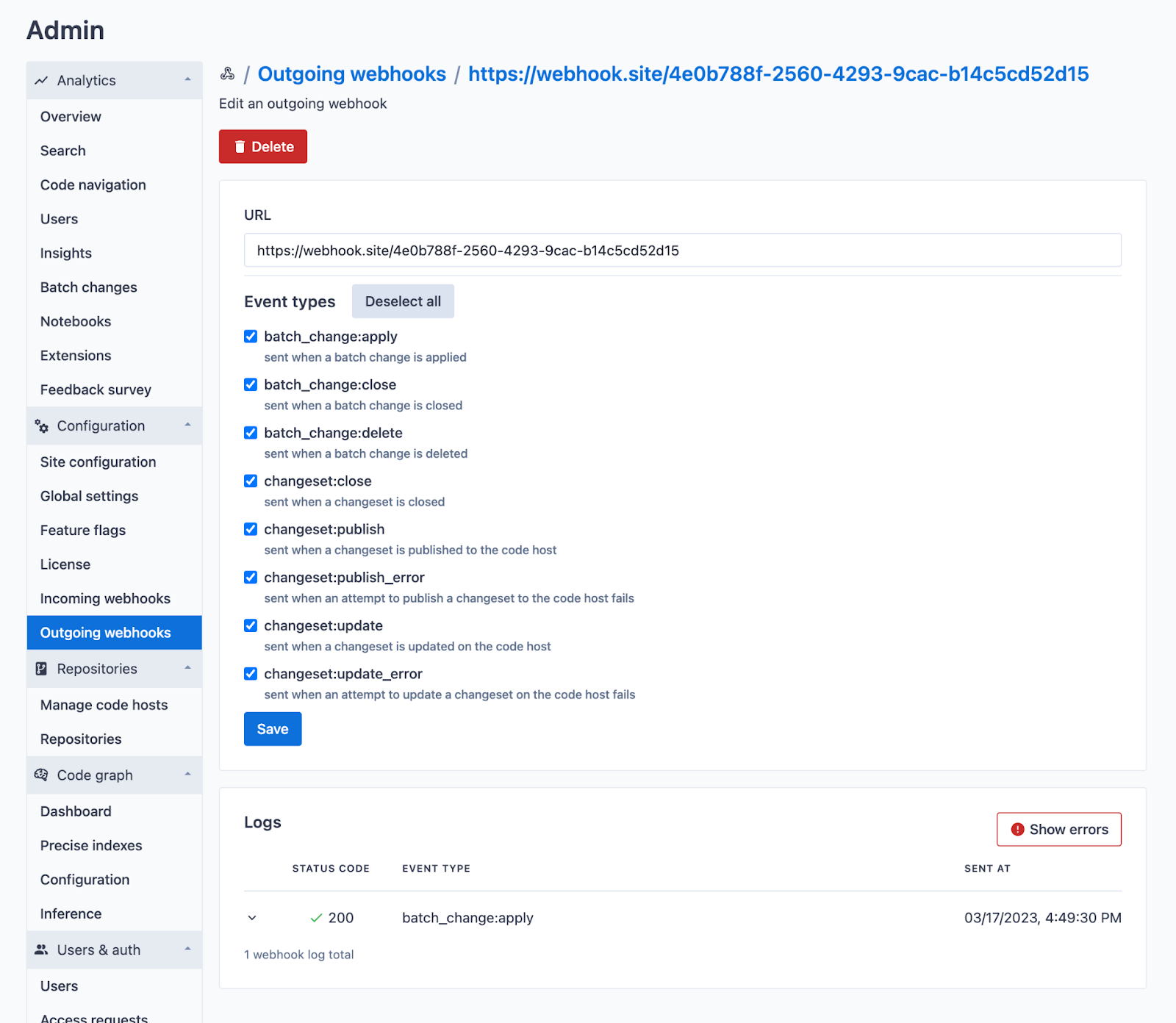 Outgoing webhooks configuration