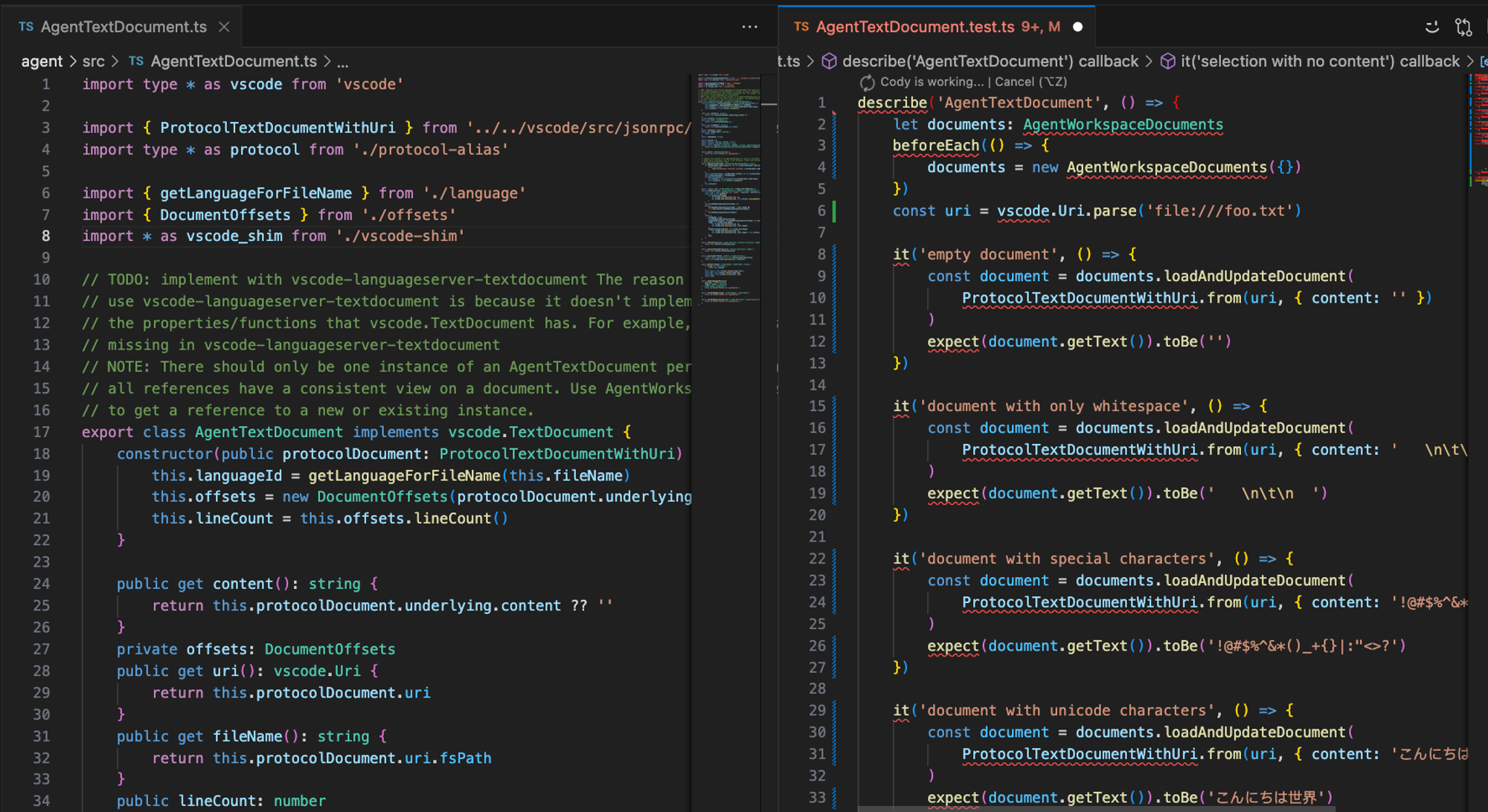 Screenshot showing two side-by-side code editor windows in Visual Studio Code, illustrating the process of test generation. The left window contains the TypeScript file 'AgentTextDocument.ts' where the 'AgentTextDocument' class is implemented. The right window shows the test file 'AgentTextDocument.test.ts', which includes multiple test cases for the 'AgentTextDocument' class. The test cases cover various scenarios such as empty documents, documents with only whitespace, documents with special characters, and documents with Unicode characters. The editor displays a dark theme, and a notification at the top right indicates that Cody is actively generating test cases.