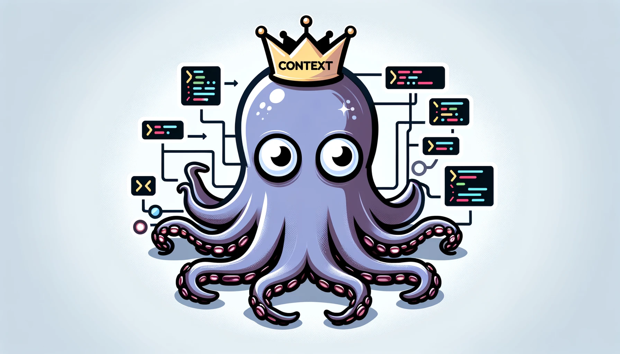 Octopus with a crown labeled 'Context' and code snippets