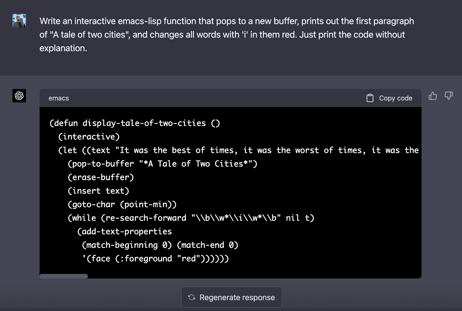 ChatGPT writing an emacs-lisp function